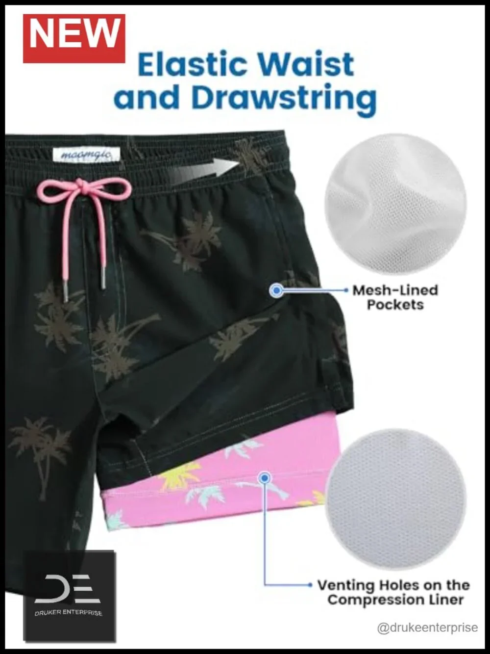 Mens Swim Trunks with Compression Liner 7 Inch Inseam Quick Dry Board Shorts